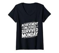 Womens Achievement Unlocked Survived Monday Gamer Motivation V-Neck T-Shirt