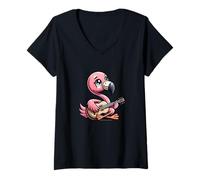 Womens Acoustic Flamingo Playing Guitar Tropical Music Vibes V-Neck T-Shirt