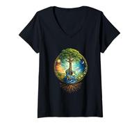 Women's Acoustic Guitar Earth Day Tree of Life Nature Graphic V-Neck T-Shirt