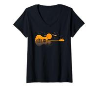 Womens Acoustic Guitar Tree Moon Reflection Landscape Guitarists V-Neck T-Shirt