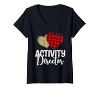 Women's Activity Director Plaid Leopard Print Hearts Appreciation V-Neck T-Shirt