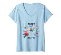 Women's Adapt and Thrive Watercolor Dragonfly Floral Nature Art V-Neck T-Shirt