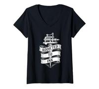 Womens Addicted to Ink Tattoo Lover Tattooing Machine Vintage Cool V-Neck T-Shirt