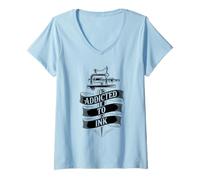 Womens Addicted to Ink Tattoo Lover Tattooing Machine Vintage Cool V-Neck T-Shirt