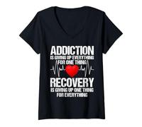 Womens Addiction VS Recovery AA NA Heartbeat for a Clean Sober Life V-Neck T-Shirt