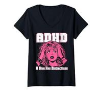 Women's ADHD A Diva Has Distractions Funny Retro Pop Art Quote Humor V-Neck T-Shirt