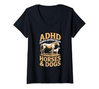 Women's ADHD Always Distracted By Horses and Dogs Funny Meme Design V-Neck T-Shirt