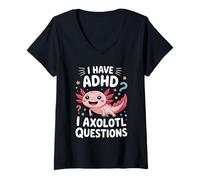 Womens ADHD I Axolotl Questions Funny Neurodiversity Awareness V-Neck T-Shirt