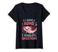 Womens ADHD I Axolotl Questions Funny Neurodiversity Awareness V-Neck T-Shirt