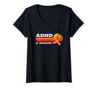 Women's ADHD is Awesome Retro Sunset Orange Ribbon Awareness V-Neck T-Shirt