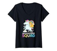 Womens ADHD Warrior Neurodiverse Squad Rainbow Unicorn V-Neck T-Shirt