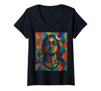 Womens Adiyogi Shiva Modern Cubist Stained Glass Style God of Yoga V-Neck T-Shirt