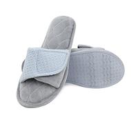 Women's Adjustable Hook and Loop Cotton Fleece Open Toe Slippers Memory Non-Slip Home Shoes Grey