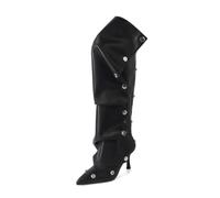 Women's Adjustable Stacked Knee High Boots with Kitten Heel - Mid Calf Fashion for Date Nights, Office, Daily Wear,Black,7 UK