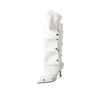 Women's Adjustable Stacked Knee High Boots with Kitten Heel - Mid Calf Fashion for Date Nights, Office, Daily Wear,White,7 UK