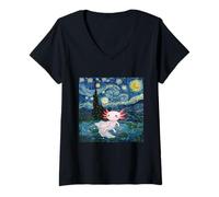 Women's Adorable Axolotl Kawaii Van Gogh Starry Night Inspired V-Neck T-Shirt
