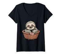 Women's Adorable Baby Sloth in Cozy Woven Basket V-Neck T-Shirt