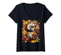 Womens Adorable Beaver with Autumn Leaves Fall Season Vibes Animal V-Neck T-Shirt