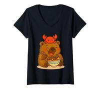 Womens Adorable Capybara with Crab Eating Takoyaki Kawaii Artwork V-Neck T-Shirt