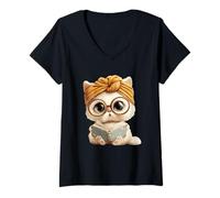 Women's Adorable Cat Reading Book with Headwrap V-Neck T-Shirt