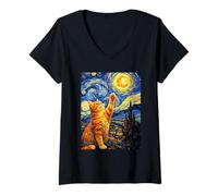Women's Adorable Curious Cat Van Gogh Peaceful Starry Night Inspired V-Neck T-Shirt