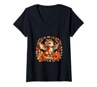 Women's Adorable Dragon Nestled in Autumn Leaves Thanksgiving V-Neck T-Shirt