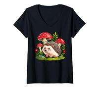 Women's Adorable Forest Hedgehog Mushroom Scene V-Neck T-Shirt