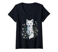 Women's Adorable Fox Surrounded By Flowers V-Neck T-Shirt