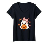 Women's Adorable Ghost Pumpkin Cute Bow Pastel Gift Kids Women V-Neck T-Shirt