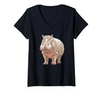 Women's Adorable Hippo Standing Cute Hippopotamus Cartoon V-Neck T-Shirt