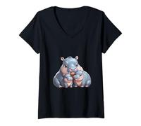 Women's Adorable Hippopotamus Parent and Two Babies V-Neck T-Shirt