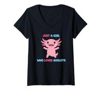 Womens Adorable Just a Girl Who Loves Axolotls Pink Amphibian V-Neck T-Shirt