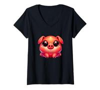 Womens Adorable Kawaii Cute Piglet Sitting Design Chibi Pig V-Neck T-Shirt