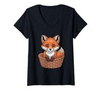 Women's Adorable Kawaii Fox in Woven Basket V-Neck T-Shirt
