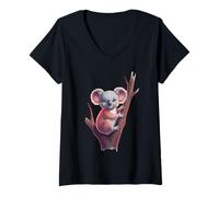 Women's Adorable Koala On Eucalyptus Tree Climbing V-Neck T-Shirt