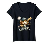 Women's Adorable Lion Cub Baseball Batter Running Playful V-Neck T-Shirt