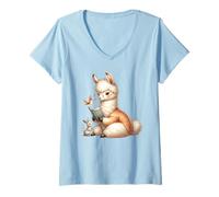 Women's Adorable Llama Reading Book with Bunny and Bird V-Neck T-Shirt