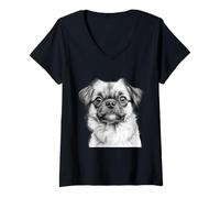 Women's Adorable Pekingese Dog Pencil Sketch Art V-Neck T-Shirt