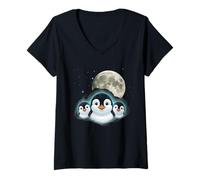 Womens Adorable Penguin Family Moon Night Cute Baby Penguins V-Neck T-Shirt
