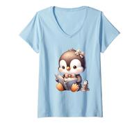 Women's Adorable Penguin Reading a Book V-Neck T-Shirt