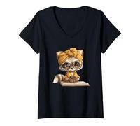 Women's Adorable Raccoon Bookworm Reading with V-Neck T-Shirt