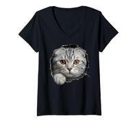 Women's Adorable Scottish Fold Cat Amber Eyes Peeking Through V-Neck T-Shirt