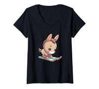 Womens Adorable Ski Donkey Chibi Snow Mountain Winter V-Neck T-Shirt