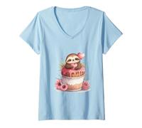 Women's Adorable Sloth Hugging Heart on Sweet Pink Cupcake V-Neck T-Shirt