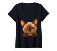 Women's Adorable Watercolor Brown Kitten Peeking Cat V-Neck T-Shirt
