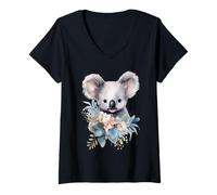 Women's Adorable Watercolor Koala with Eucalyptus Floral Bouquet V-Neck T-Shirt