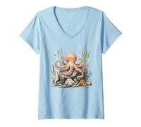 Women's Adorable Watercolor Octopus Marine Life Art V-Neck T-Shirt