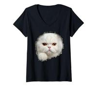 Women's Adorable White Persian Cat Copper Eyes Peeking Through V-Neck T-Shirt