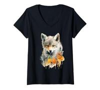Women's Adorable Young Fox with Flowers Watercolor Art V-Neck T-Shirt