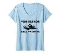 Womens Adult Humor Your Girlfriend Likes My Stroke Swimmers Funny V-Neck T-Shirt